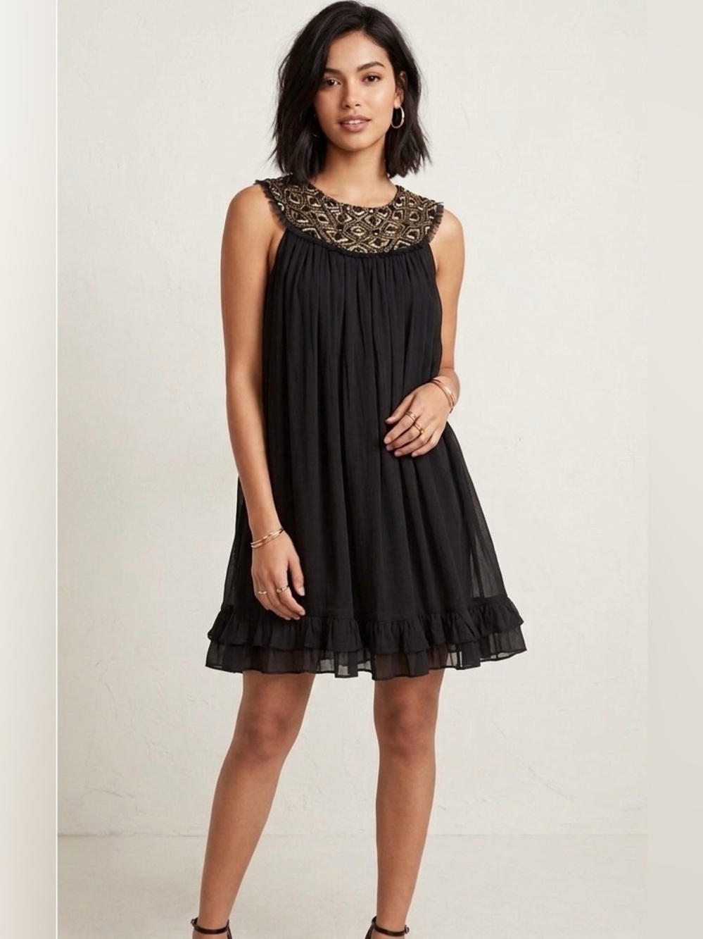 Alice + Olivia Black Silk Beaded Embellished Shift Dress XS